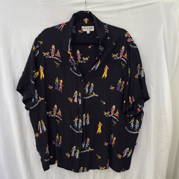 VTG 90s David Dart  Print Retro Button Down people dogs flower black sz 2x - Picture 1 of 4